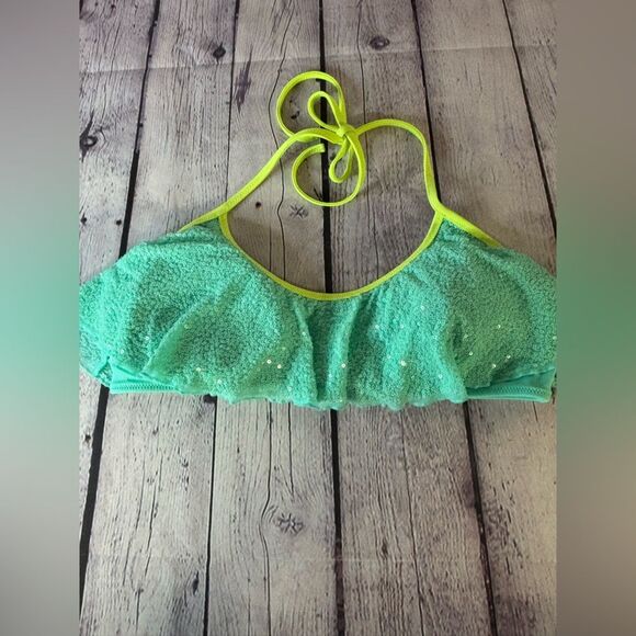 Victoria's Secret Bikini TOP Halter Aqua Green Sequins Neon Chartreuse Trim L - Picture 1 of 6